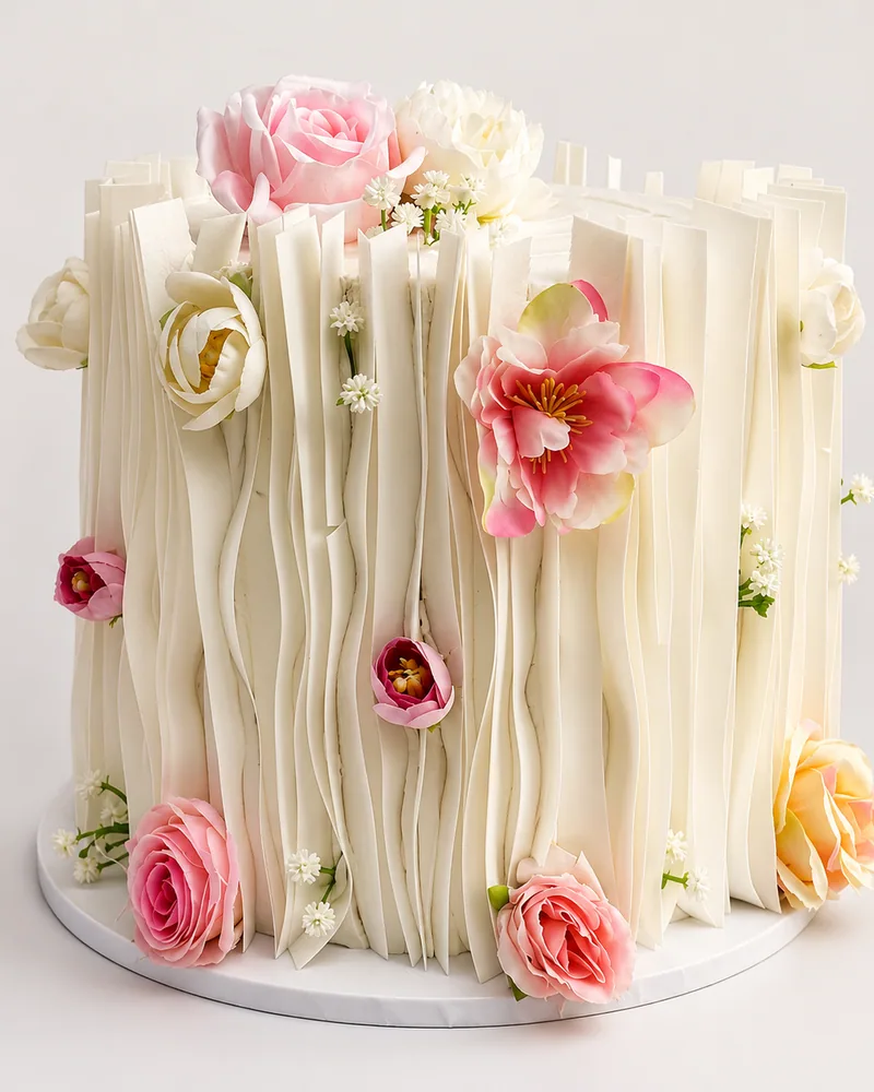 A corporate cake with hand-stood vertical buttercream panels, made by The Cake Studio Harare