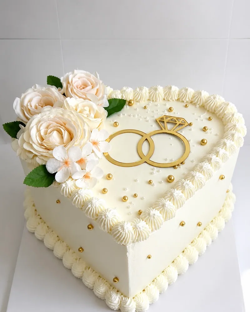 A heart-shaped ivory cake with piped detailing, cream roses and a gold ring topper, by The Cake Studio Harare